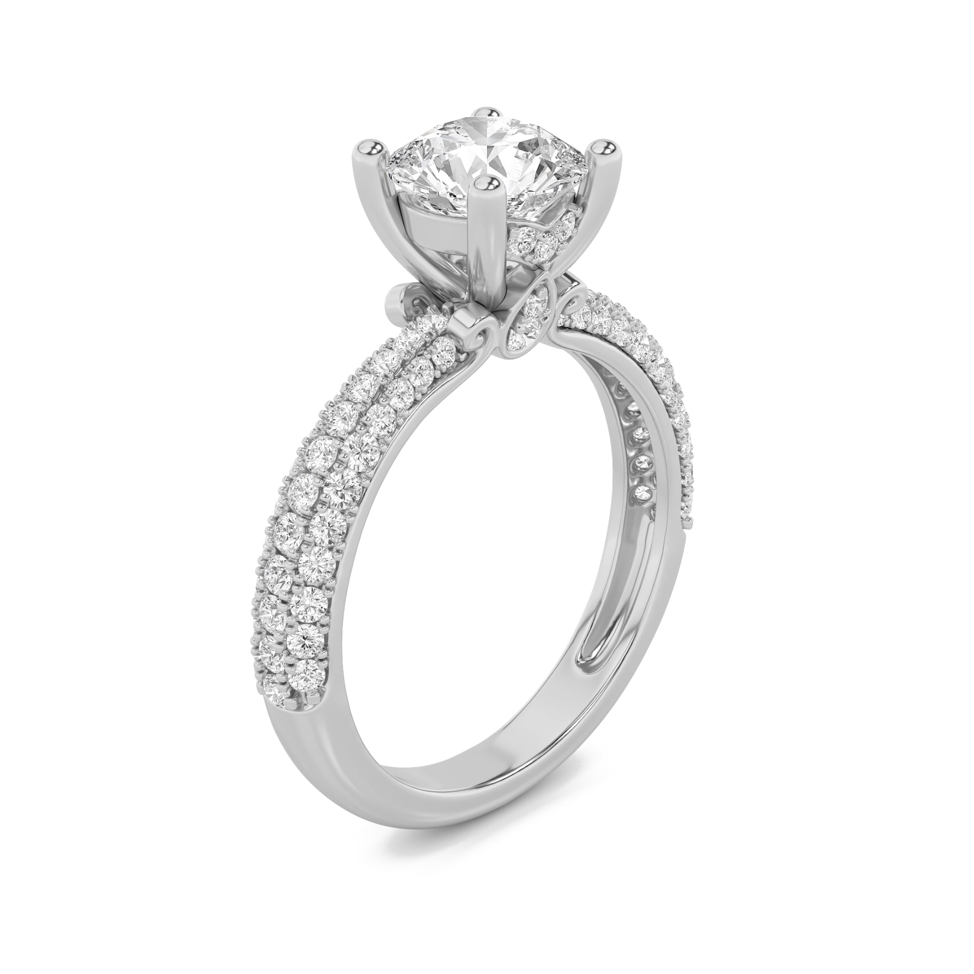 2CTW Round Shaped Lab Grown Diamond (F/VS) Three Row Micro Pave Engagement Ring in 14K Gold
