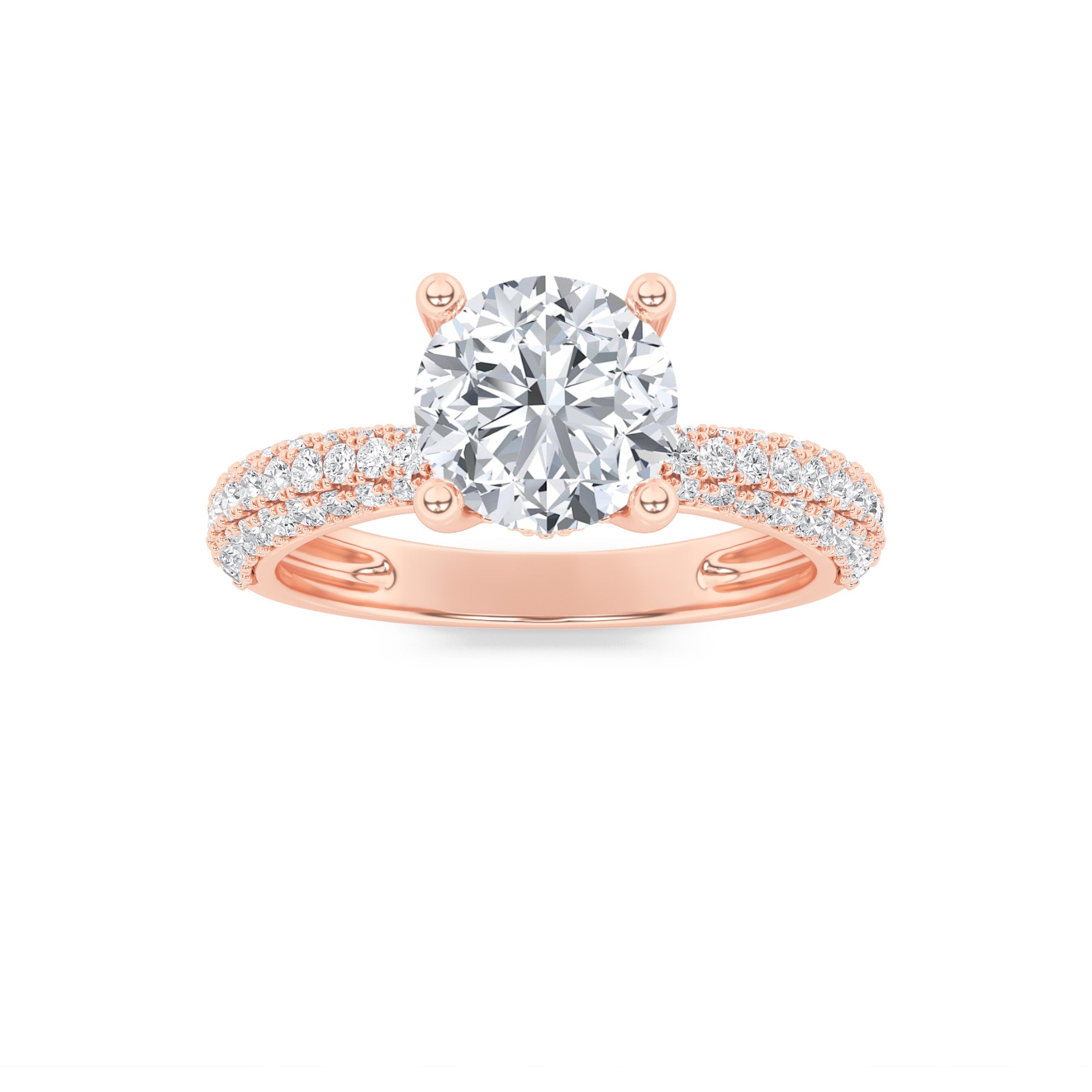 2CTW Round Shaped Lab Grown Diamond (F/VS) Three Row Micro Pave Engagement Ring in 14K Gold