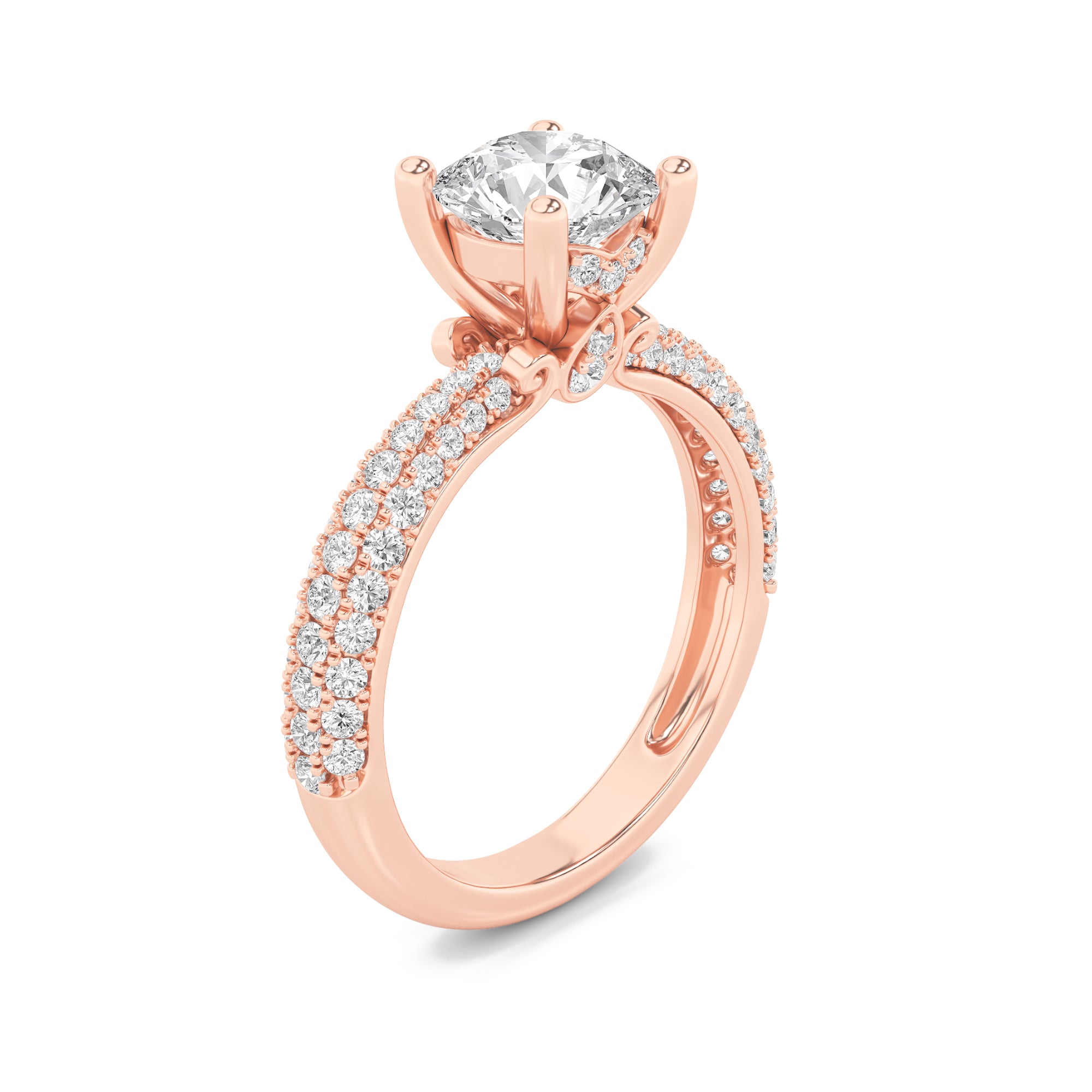 2CTW Round Shaped Lab Grown Diamond (F/VS) Three Row Micro Pave Engagement Ring in 14K Gold