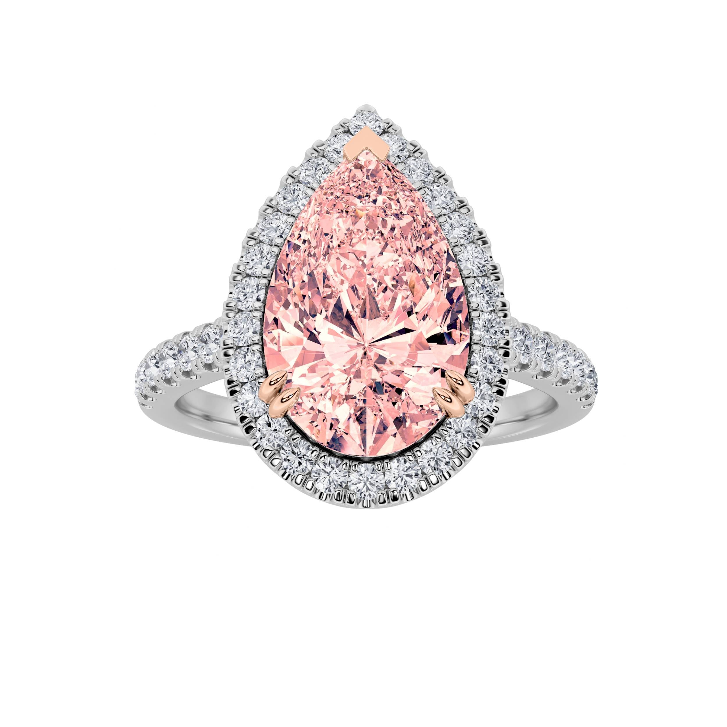 3CTW Pear Shaped Lab Grown Diamond (F/VS) Bolld Accented Halo Engagement Ring in 14K Gold