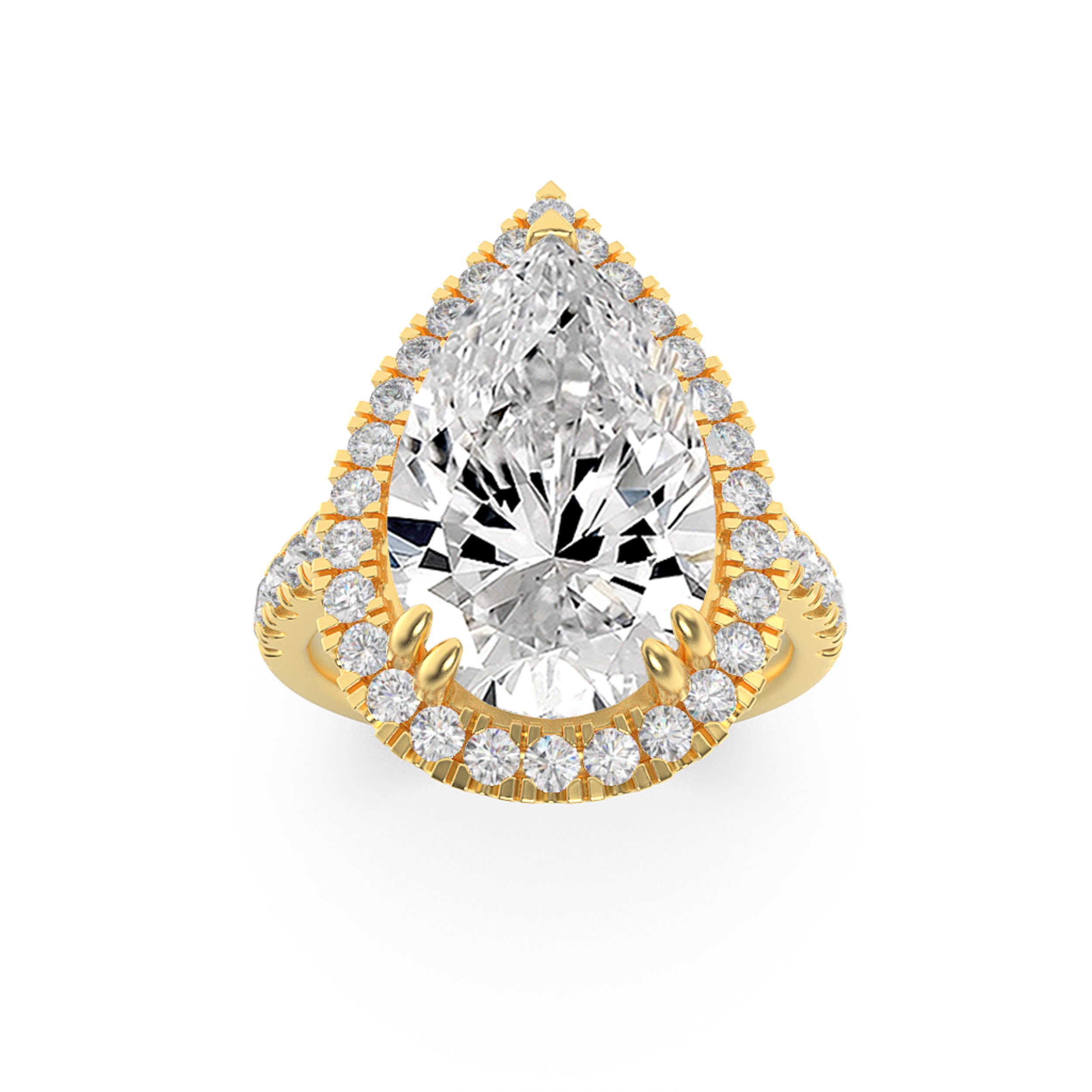 3CTW Pear Shaped Lab Grown Diamond (F/VS) Bolld Accented Halo Engagement Ring in 14K Gold