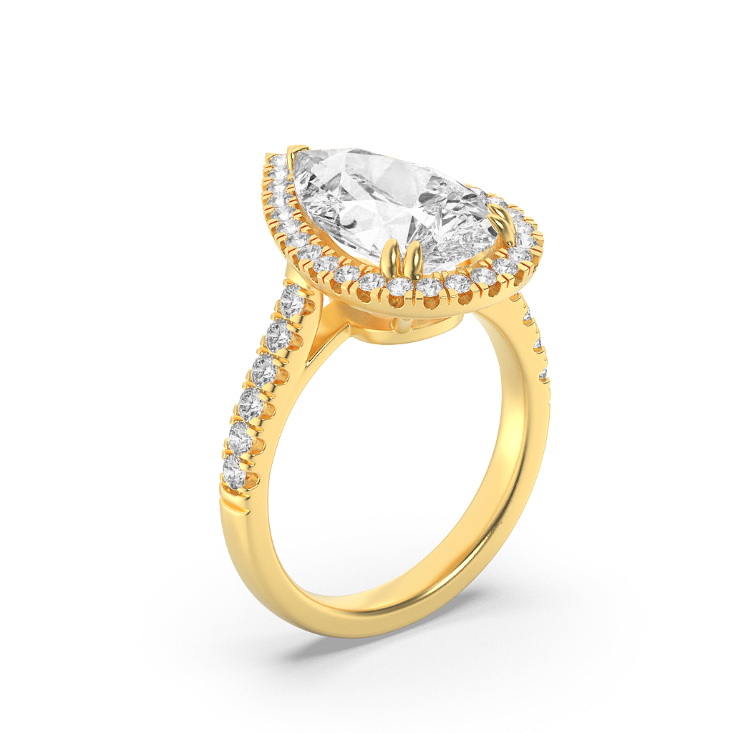 3CTW Pear Shaped Lab Grown Diamond (F/VS) Bolld Accented Halo Engagement Ring in 14K Gold