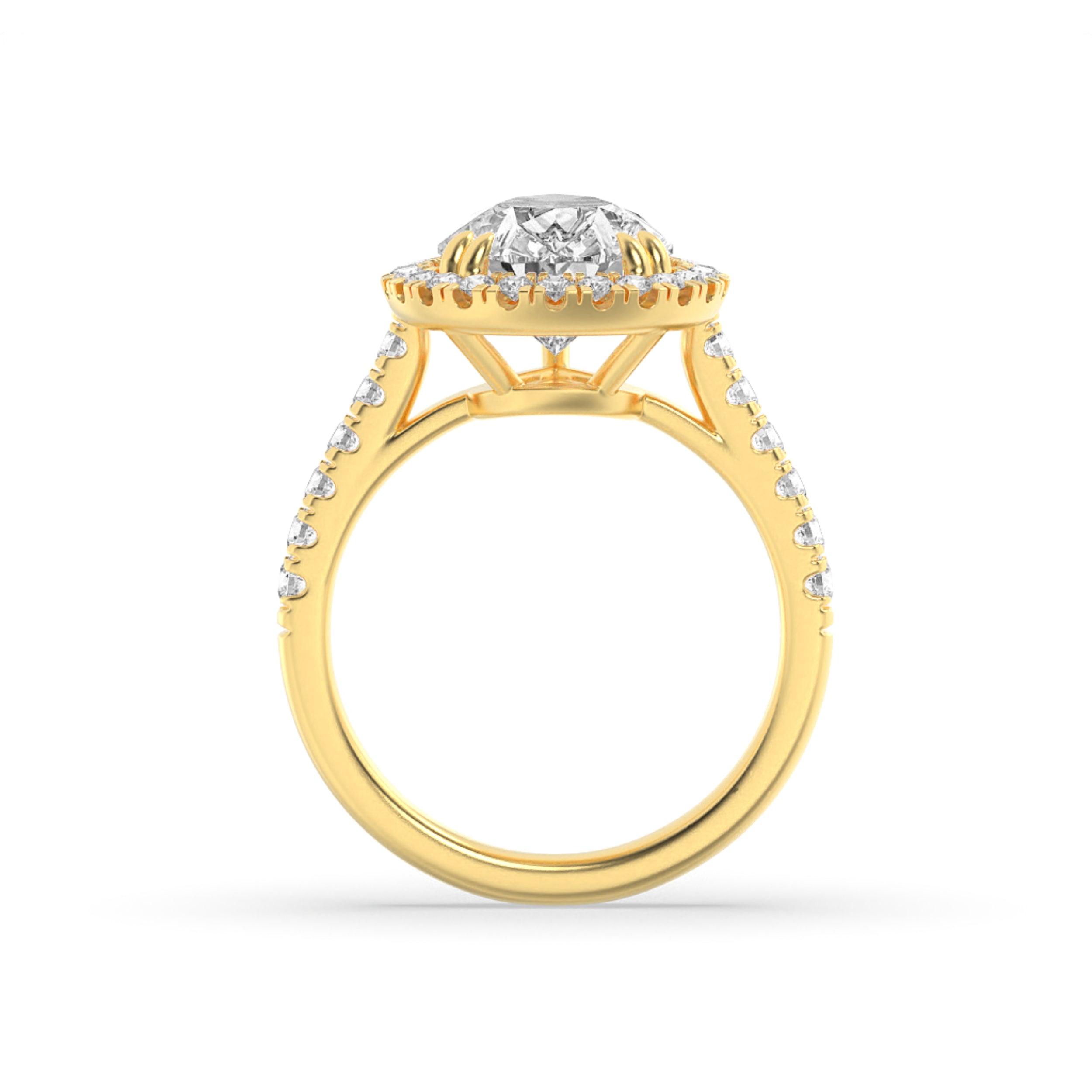 3CTW Pear Shaped Lab Grown Diamond (F/VS) Bolld Accented Halo Engagement Ring in 14K Gold