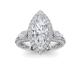 3CTW Marquise Shaped Lab Grown Diamond (F/VS) Three Stone Halo Enagement Ring in 14K Gold