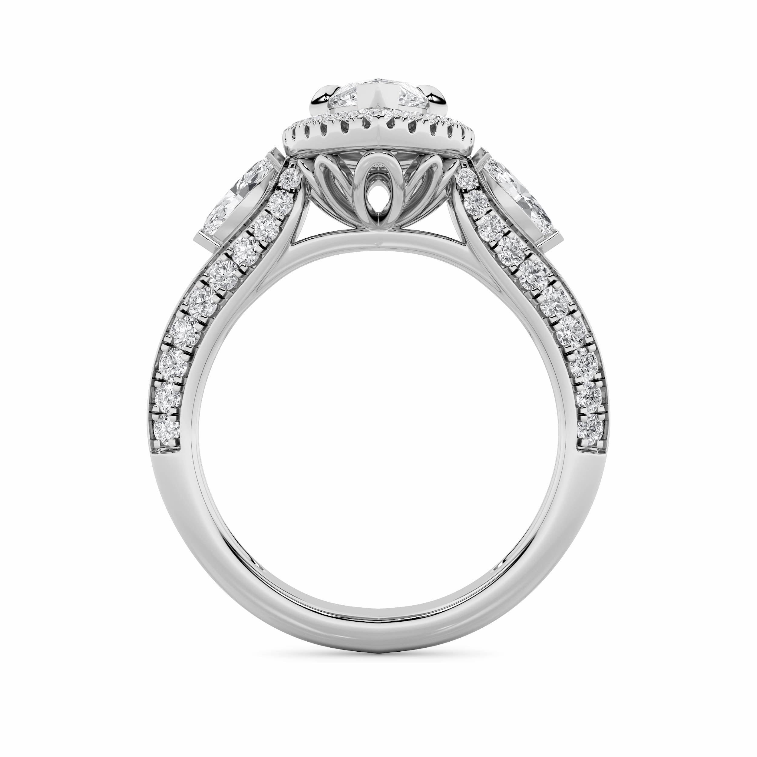 3CTW Marquise Shaped Lab Grown Diamond (F/VS) Three Stone Halo Enagement Ring in 14K Gold
