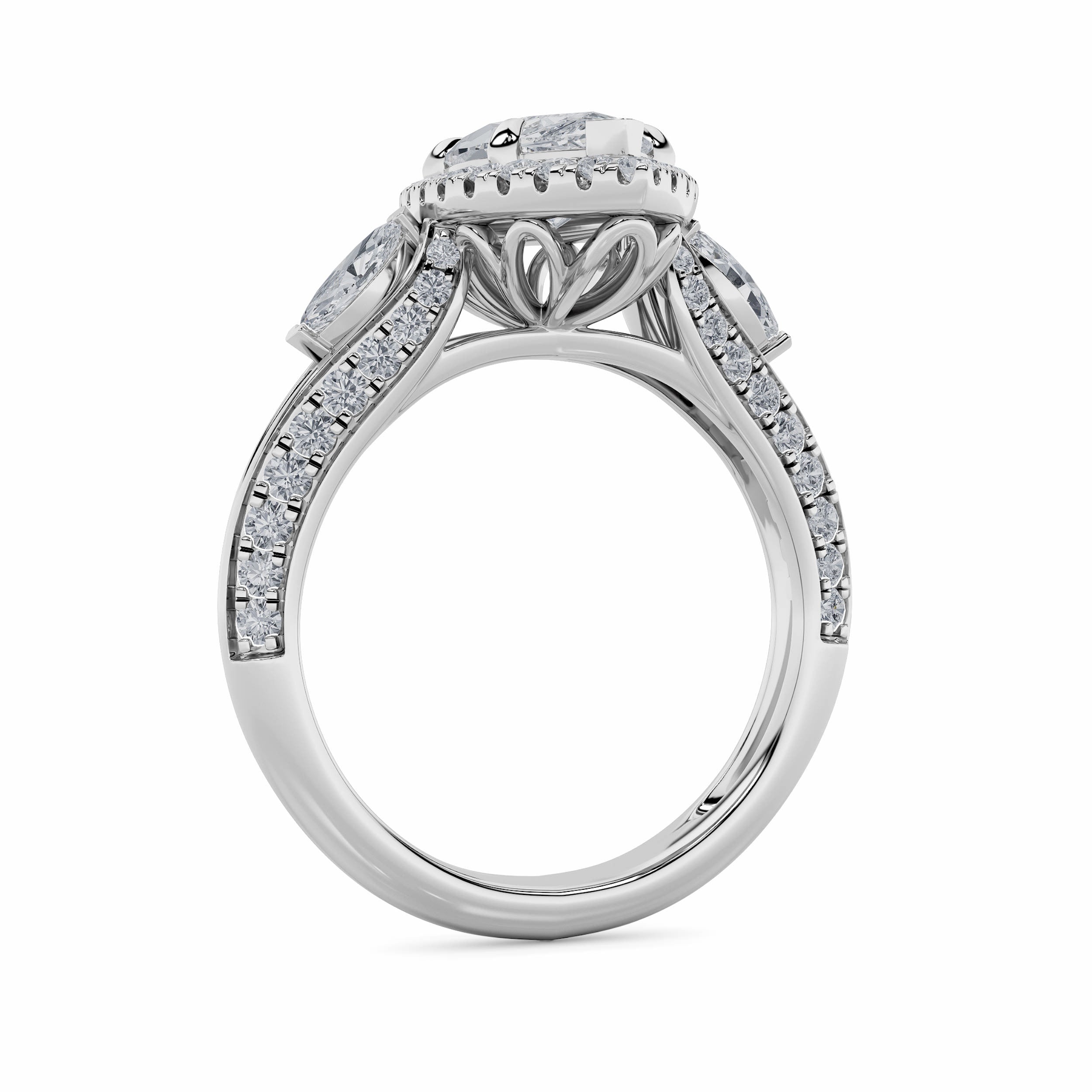 3CTW Marquise Shaped Lab Grown Diamond (F/VS) Three Stone Halo Enagement Ring in 14K Gold