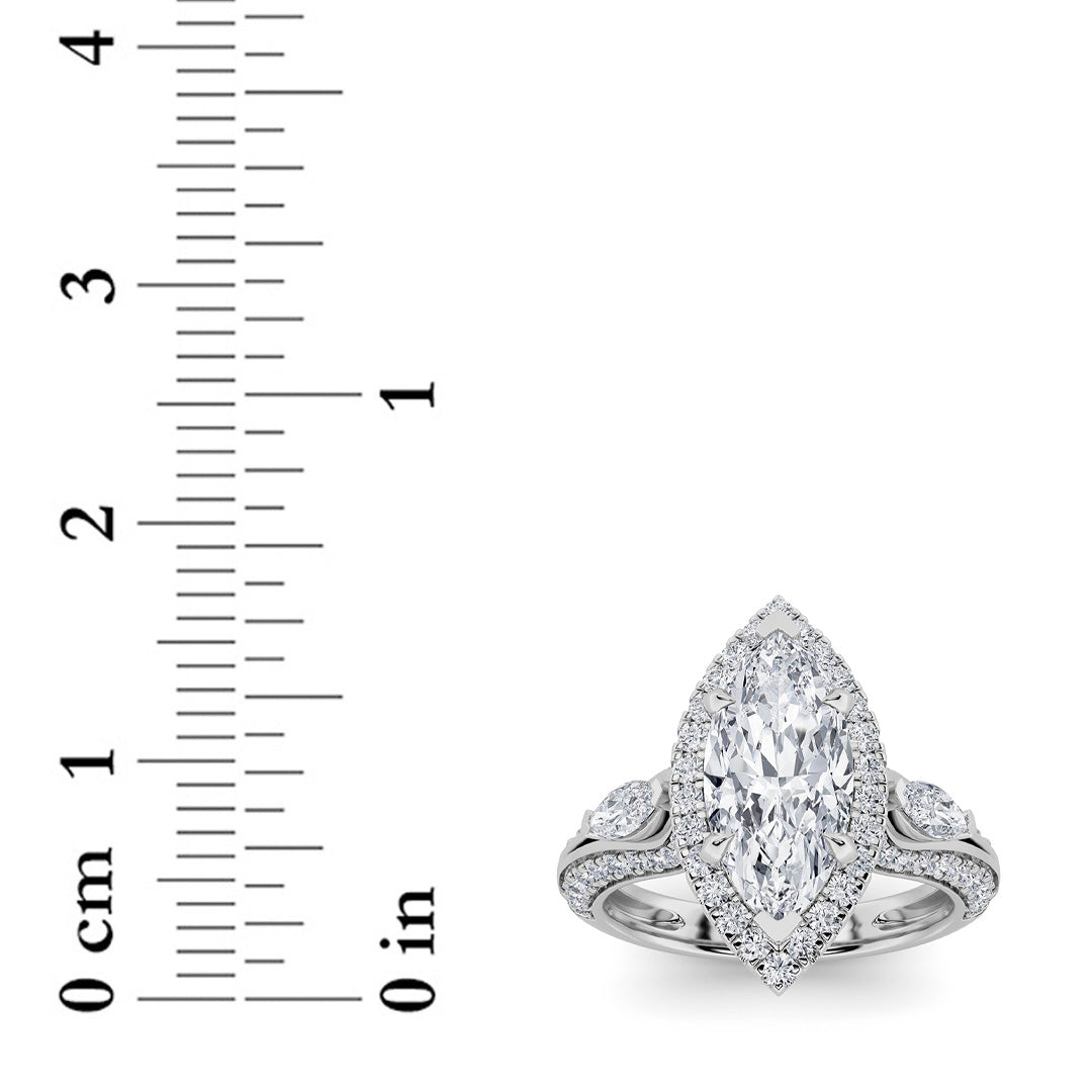 3CTW Marquise Shaped Lab Grown Diamond (F/VS) Three Stone Halo Enagement Ring in 14K Gold