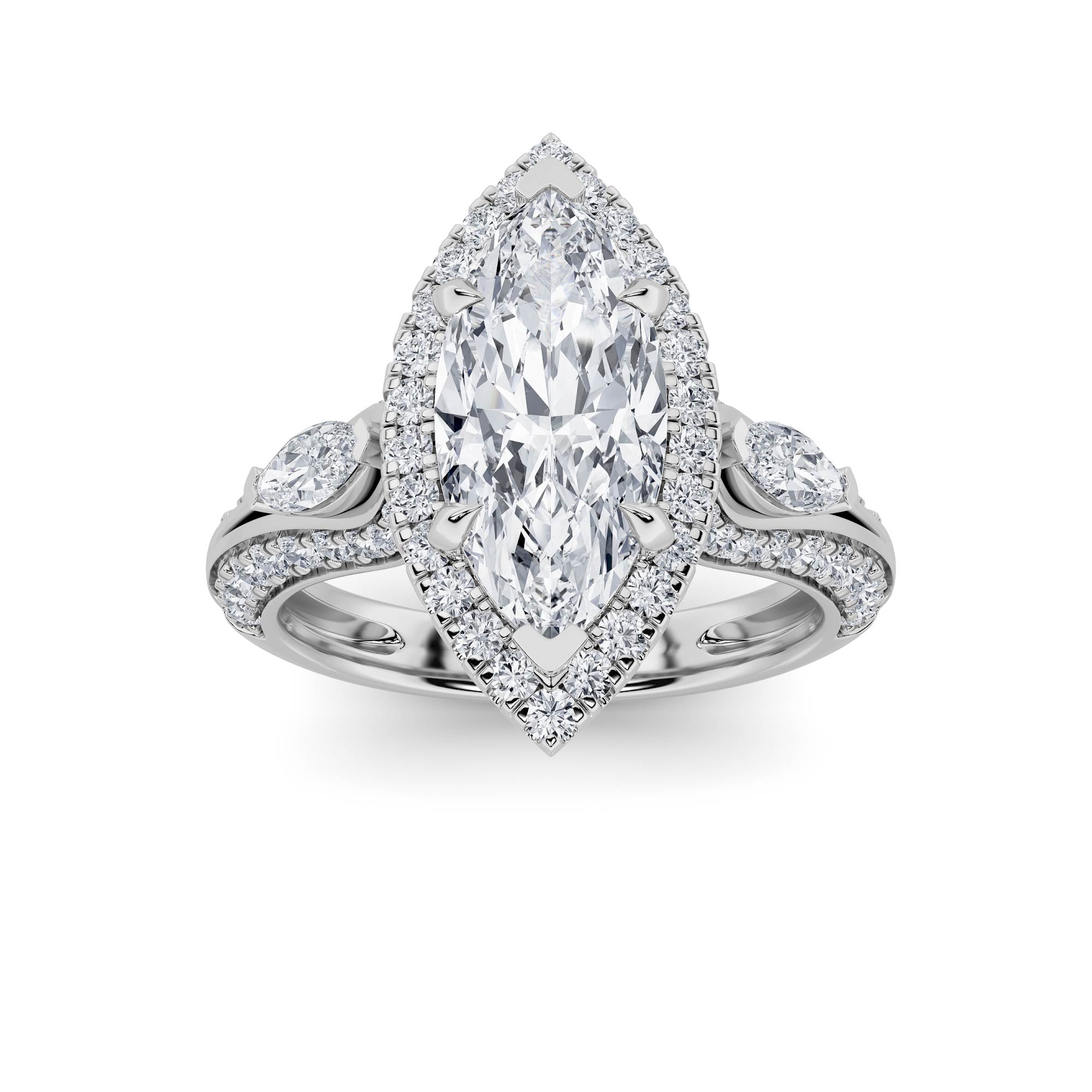 3CTW Marquise Shaped Lab Grown Diamond (G/VS) Three Stone Halo Enagement Ring in 14K Gold