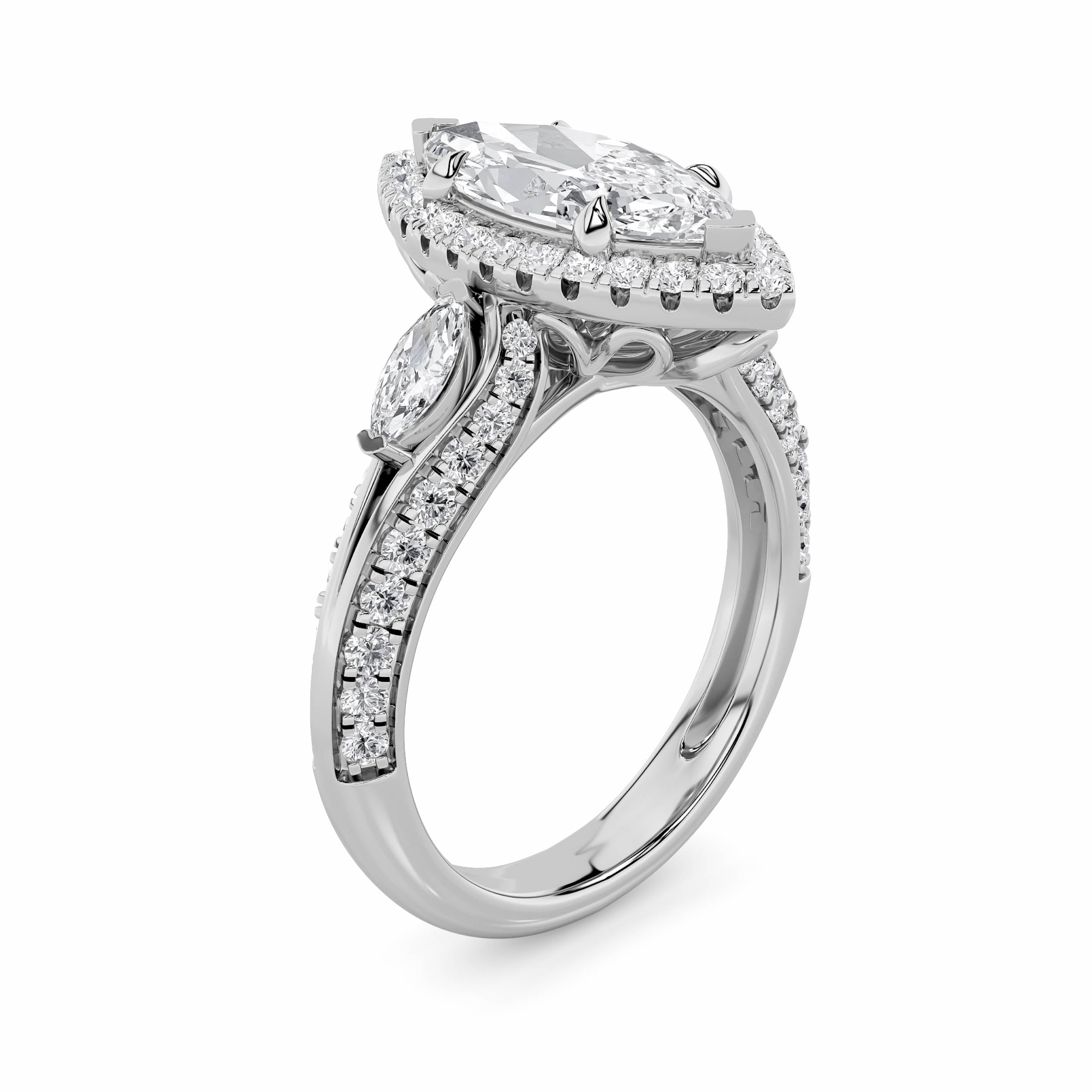 3CTW Marquise Shaped Lab Grown Diamond (G/VS) Three Stone Halo Enagement Ring in 14K Gold