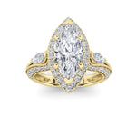 3CTW Marquise Shaped Lab Grown Diamond (G/VS) Three Stone Halo Enagement Ring in 14K Gold