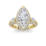 3CTW Marquise Shaped Lab Grown Diamond (G/VS) Three Stone Halo Enagement Ring in 14K Gold