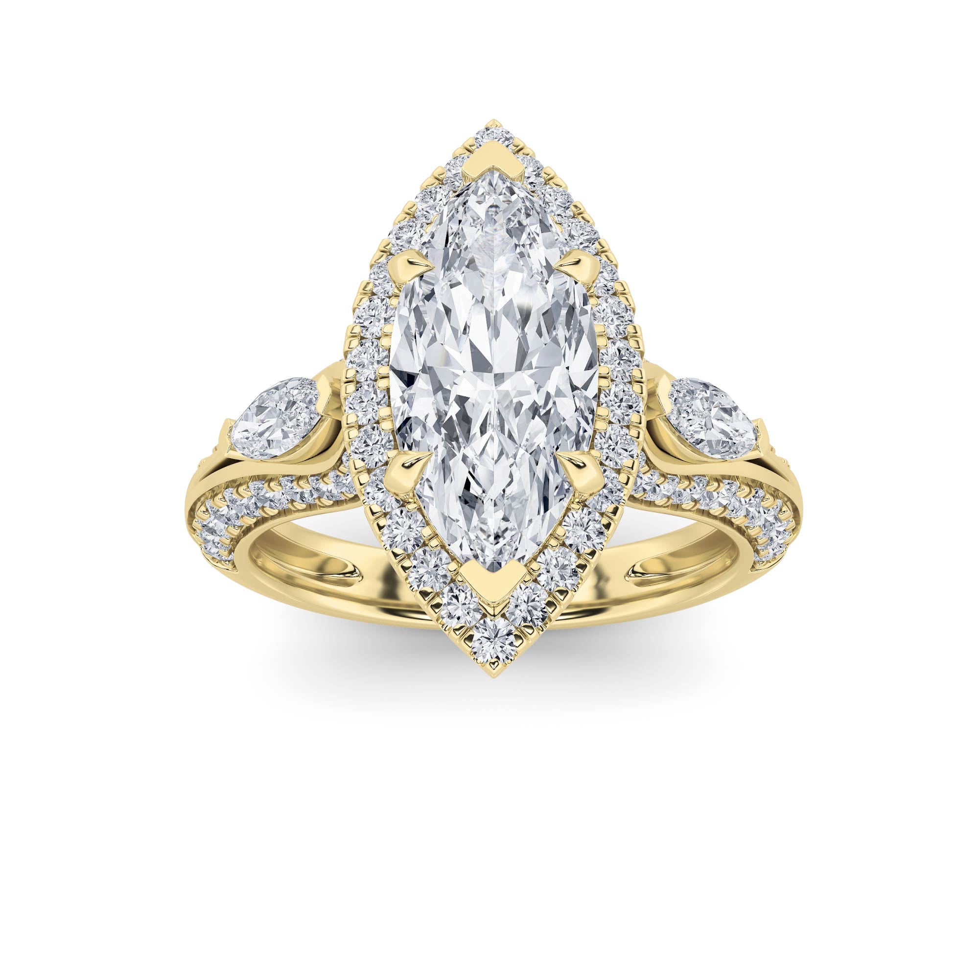 3CTW Marquise Shaped Lab Grown Diamond (G/VS) Three Stone Halo Enagement Ring in 14K Gold