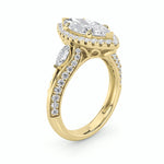 3CTW Marquise Shaped Lab Grown Diamond (G/VS) Three Stone Halo Enagement Ring in 14K Gold
