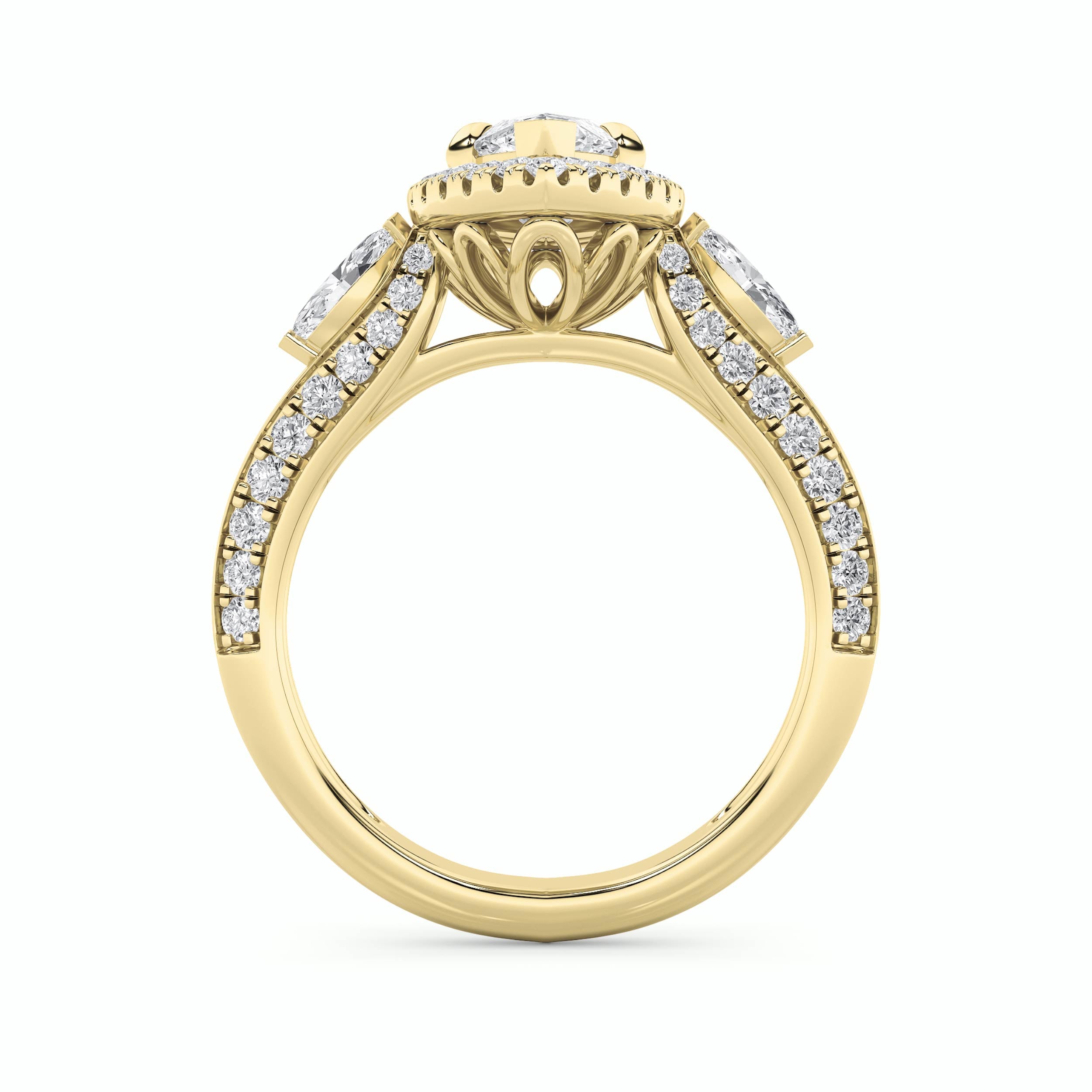 3CTW Marquise Shaped Lab Grown Diamond (G/VS) Three Stone Halo Enagement Ring in 14K Gold