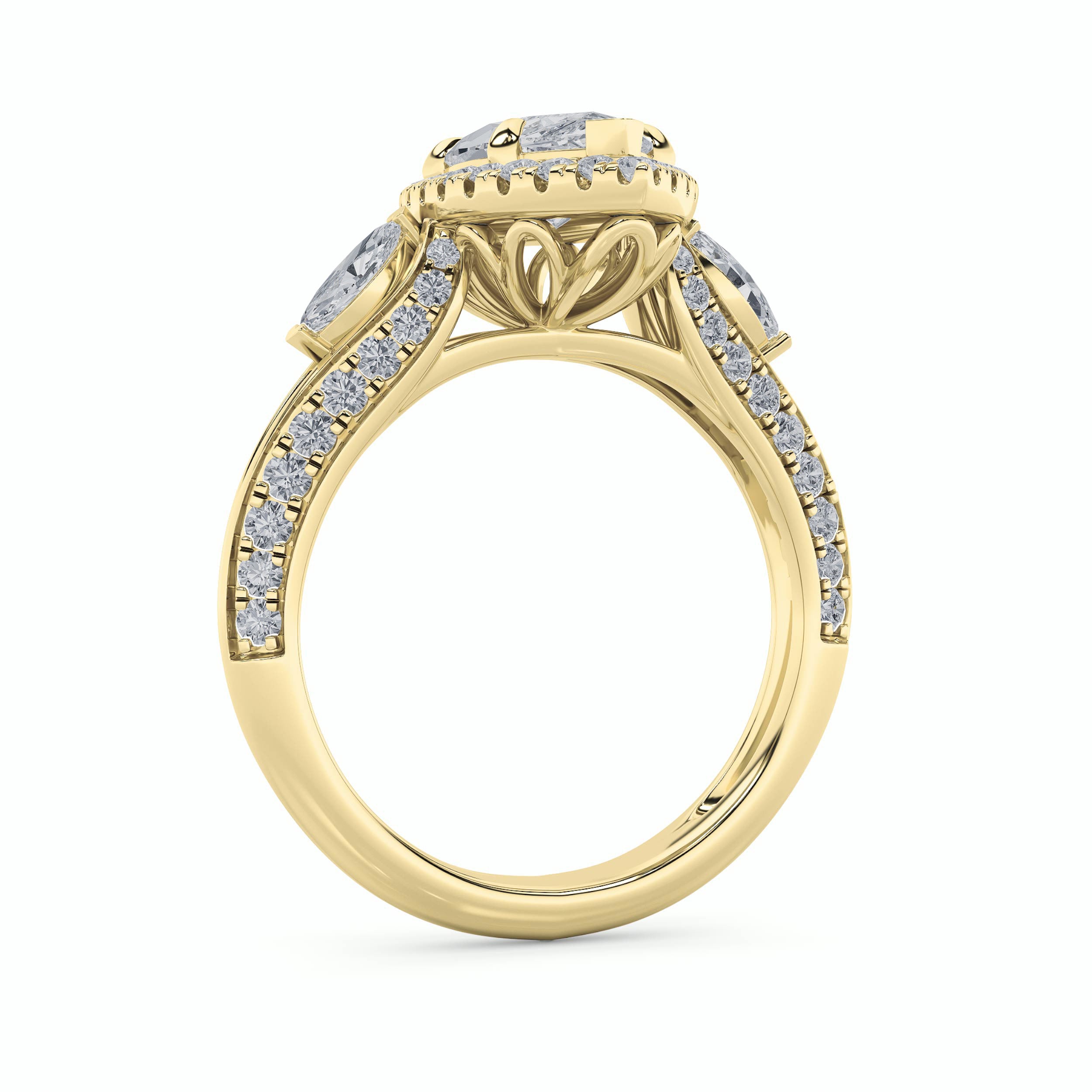 3CTW Marquise Shaped Lab Grown Diamond (G/VS) Three Stone Halo Enagement Ring in 14K Gold