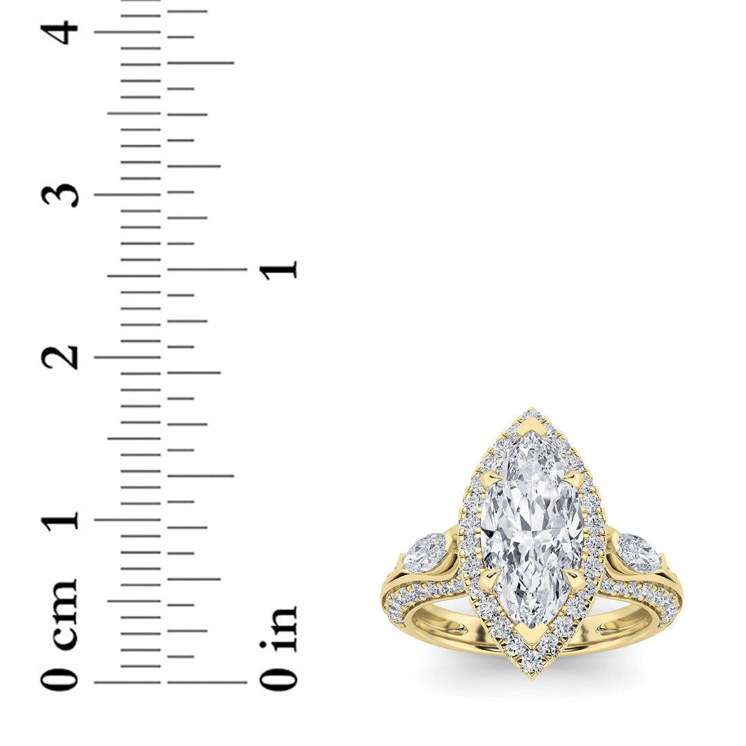 3CTW Marquise Shaped Lab Grown Diamond (G/VS) Three Stone Halo Enagement Ring in 14K Gold