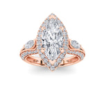 3CTW Marquise Shaped Lab Grown Diamond (F/VS) Three Stone Halo Enagement Ring in 14K Gold