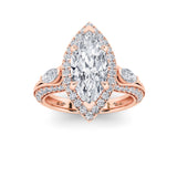 3CTW Marquise Shaped Lab Grown Diamond (F/VS) Three Stone Halo Enagement Ring in 14K Gold