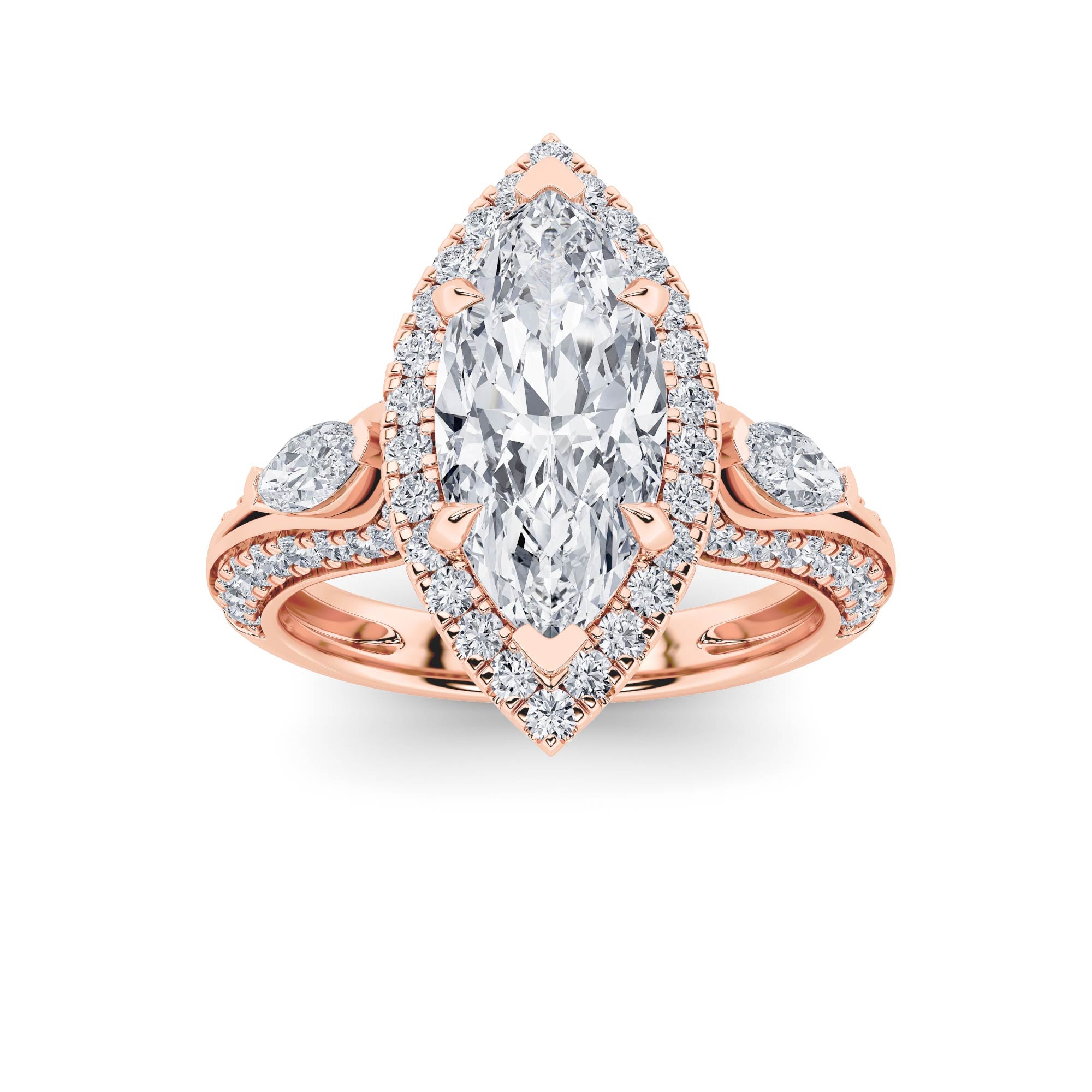 3CTW Marquise Shaped Lab Grown Diamond (F/VS) Three Stone Halo Enagement Ring in 14K Gold