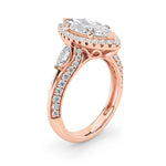 3CTW Marquise Shaped Lab Grown Diamond (F/VS) Three Stone Halo Enagement Ring in 14K Gold