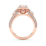 3CTW Marquise Shaped Lab Grown Diamond (F/VS) Three Stone Halo Enagement Ring in 14K Gold