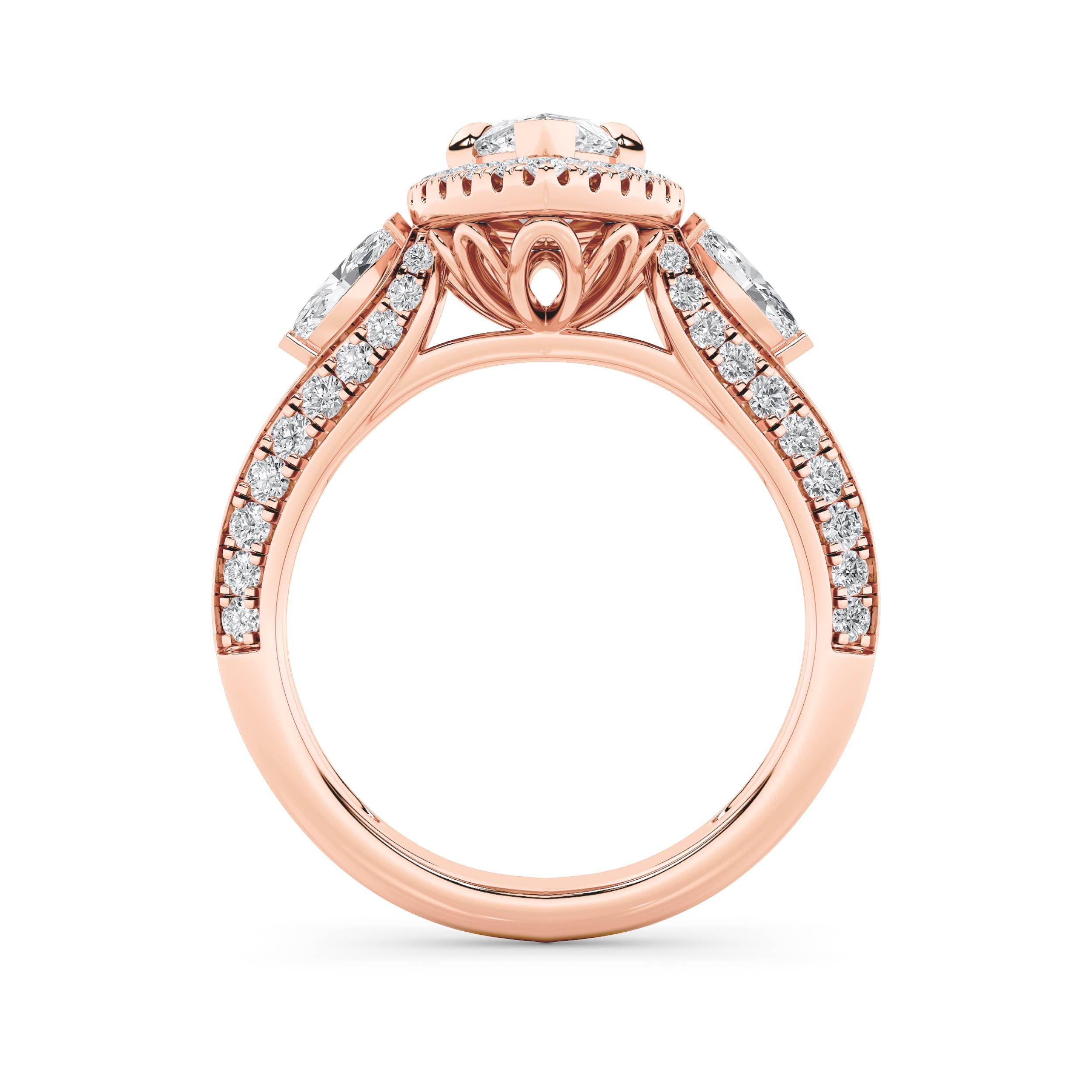 3CTW Marquise Shaped Lab Grown Diamond (F/VS) Three Stone Halo Enagement Ring in 14K Gold