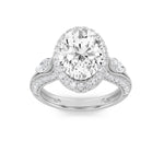 3CTW Oval Shaped Lab Grown Diamond (F/VS) Three Stone Halo Enagement Ring in 14K Gold