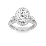 3CTW Oval Shaped Lab Grown Diamond (F/VS) Three Stone Halo Enagement Ring in 14K Gold