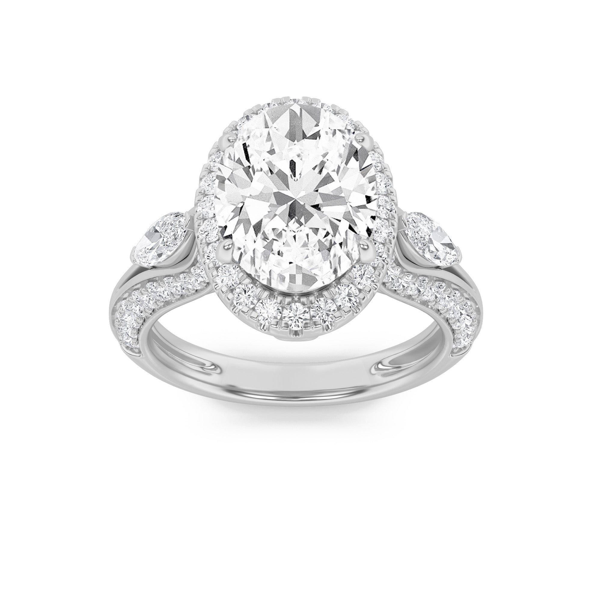 3CTW Oval Shaped Lab Grown Diamond (F/VS) Three Stone Halo Enagement Ring in 14K Gold