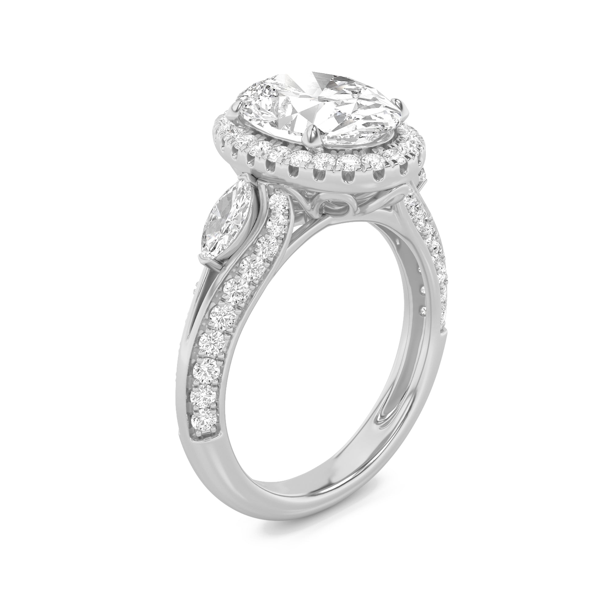 3CTW Oval Shaped Lab Grown Diamond (F/VS) Three Stone Halo Enagement Ring in 14K Gold