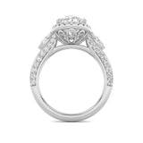 3CTW Oval Shaped Lab Grown Diamond (F/VS) Three Stone Halo Enagement Ring in 14K Gold