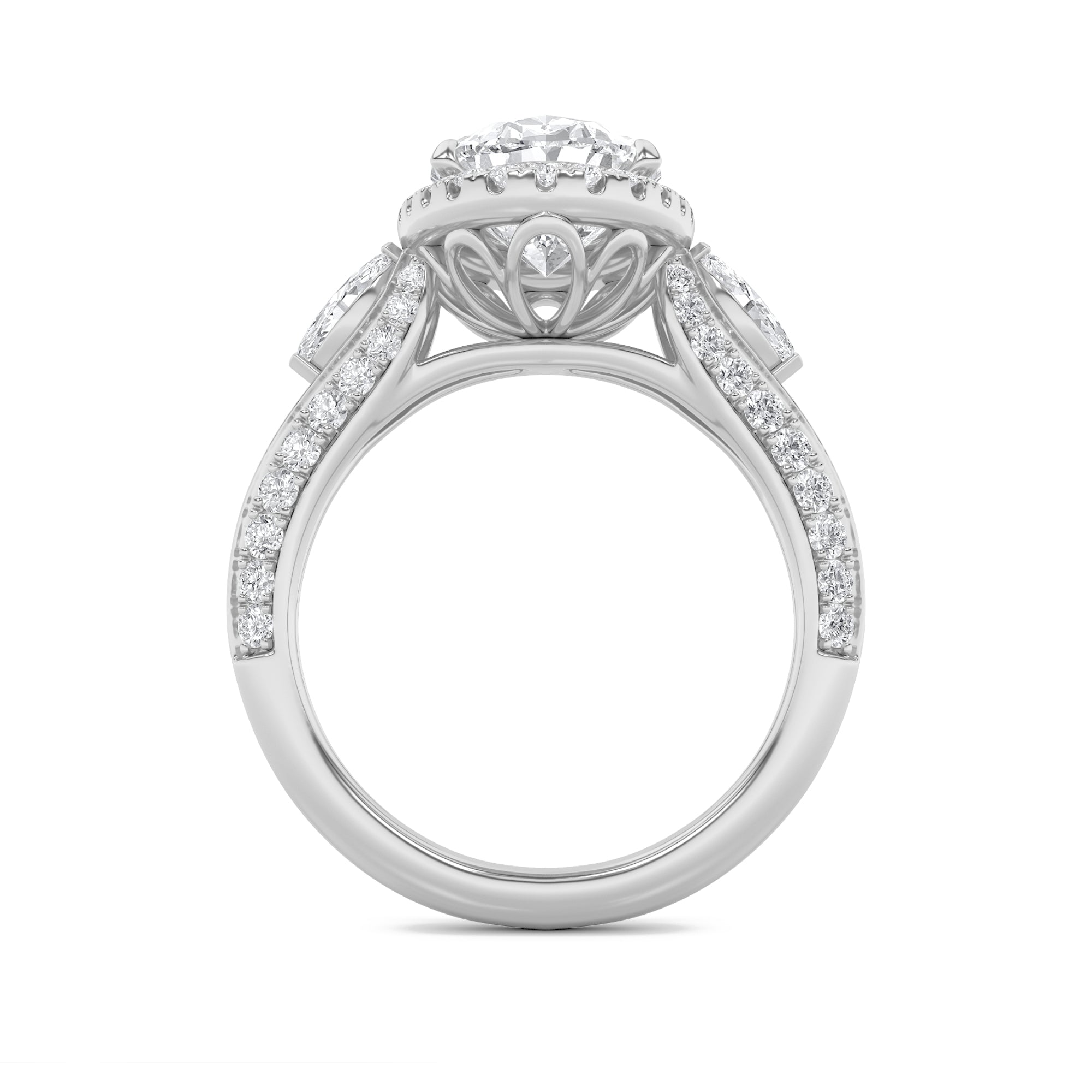 3CTW Oval Shaped Lab Grown Diamond (F/VS) Three Stone Halo Enagement Ring in 14K Gold