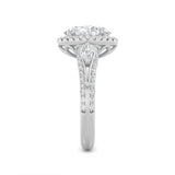 3CTW Oval Shaped Lab Grown Diamond (F/VS) Three Stone Halo Enagement Ring in 14K Gold