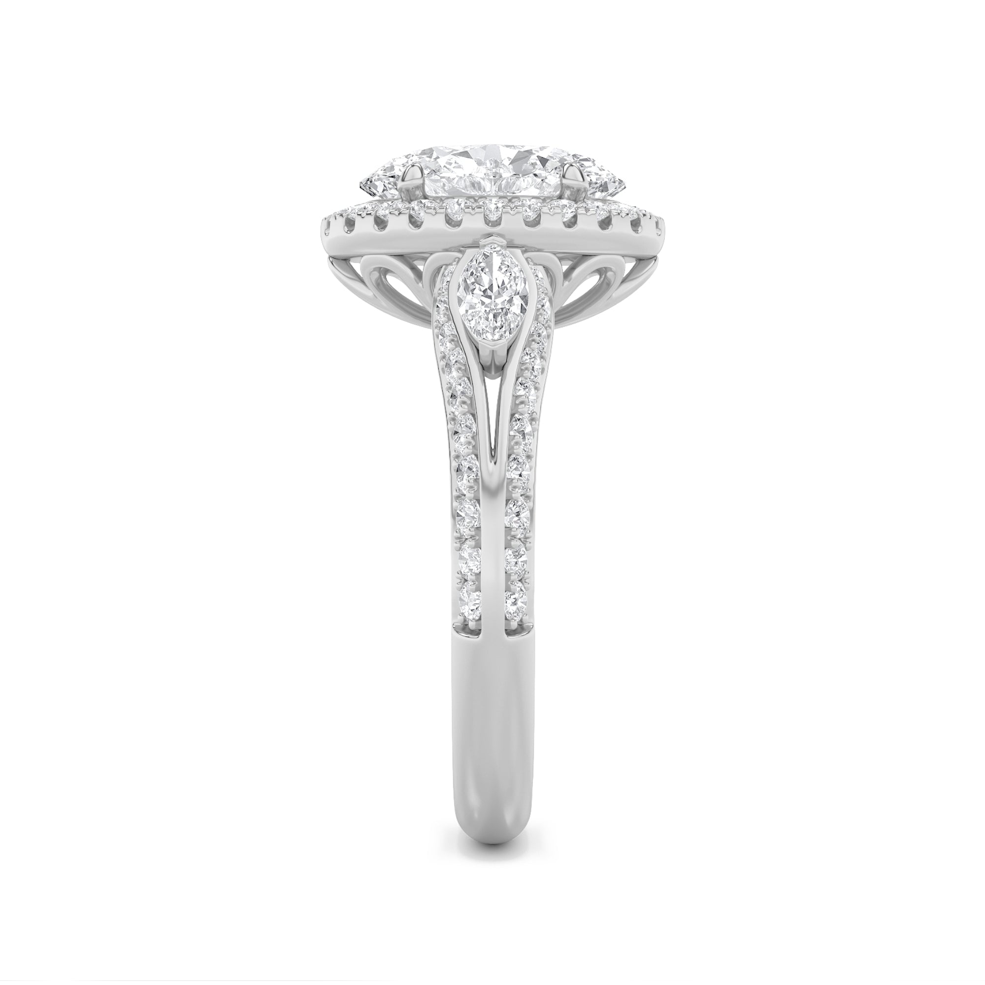 3CTW Oval Shaped Lab Grown Diamond (F/VS) Three Stone Halo Enagement Ring in 14K Gold