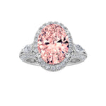3CTW Oval Shaped Lab Grown Diamond (F/VS) Three Stone Halo Enagement Ring in 14K Gold