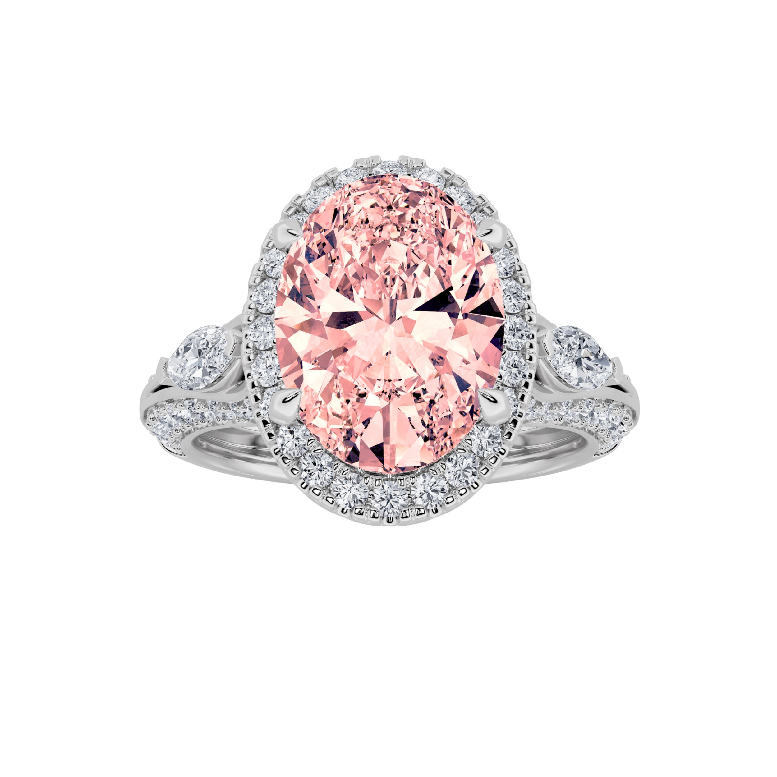 3CTW Oval Shaped Lab Grown Diamond (F/VS) Three Stone Halo Enagement Ring in 14K Gold