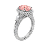 3CTW Oval Shaped Lab Grown Diamond (F/VS) Three Stone Halo Enagement Ring in 14K Gold