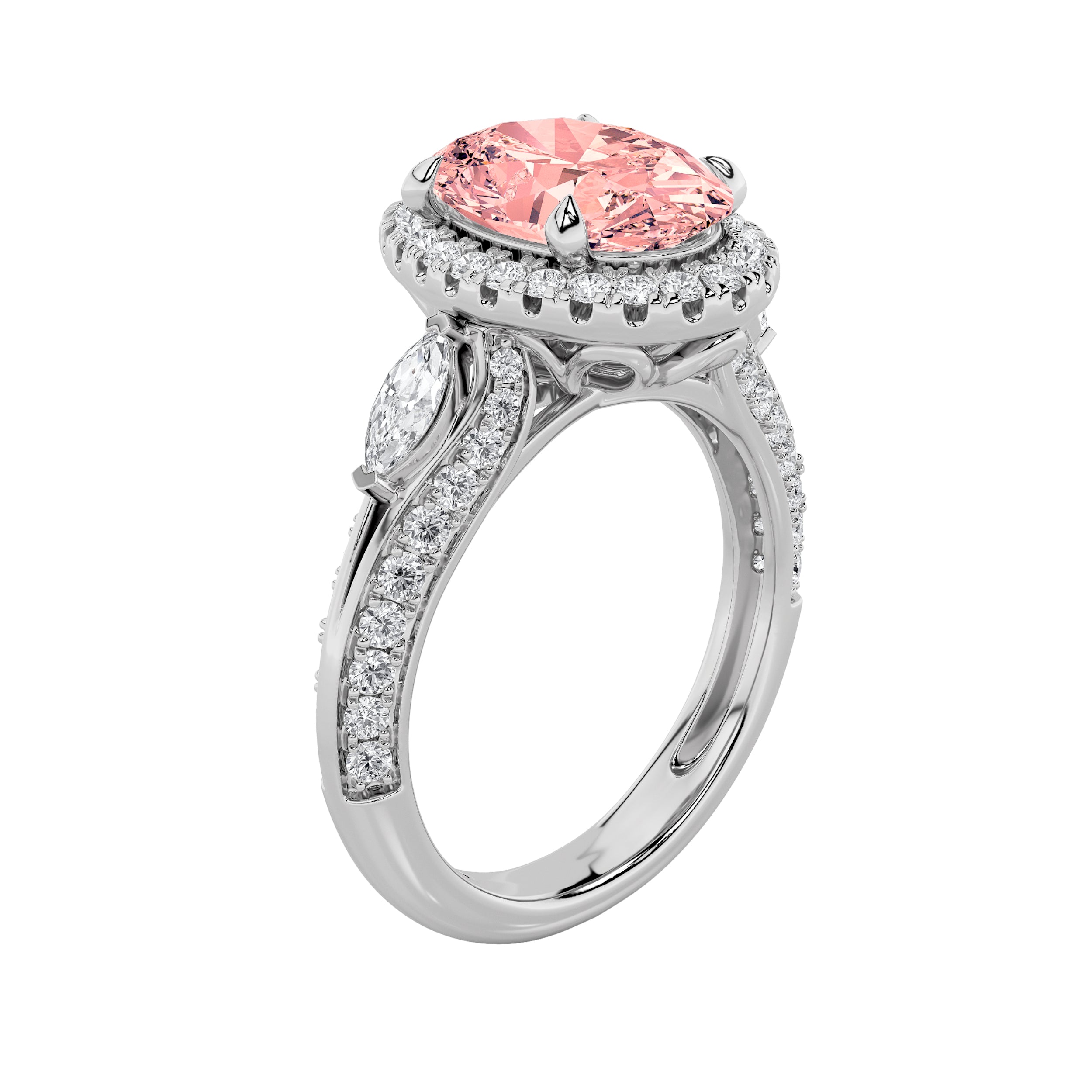 3CTW Oval Shaped Lab Grown Diamond (F/VS) Three Stone Halo Enagement Ring in 14K Gold