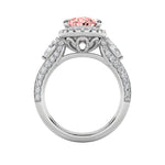 3CTW Oval Shaped Lab Grown Diamond (F/VS) Three Stone Halo Enagement Ring in 14K Gold