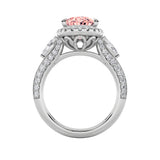 3CTW Oval Shaped Lab Grown Diamond (F/VS) Three Stone Halo Enagement Ring in 14K Gold