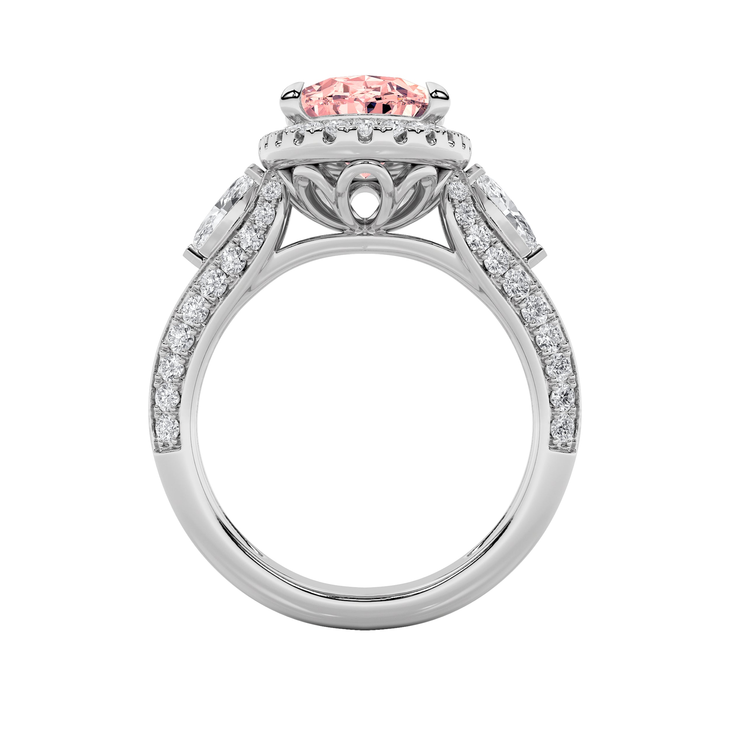 3CTW Oval Shaped Lab Grown Diamond (F/VS) Three Stone Halo Enagement Ring in 14K Gold