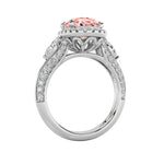 3CTW Oval Shaped Lab Grown Diamond (F/VS) Three Stone Halo Enagement Ring in 14K Gold