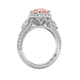 3CTW Oval Shaped Lab Grown Diamond (F/VS) Three Stone Halo Enagement Ring in 14K Gold