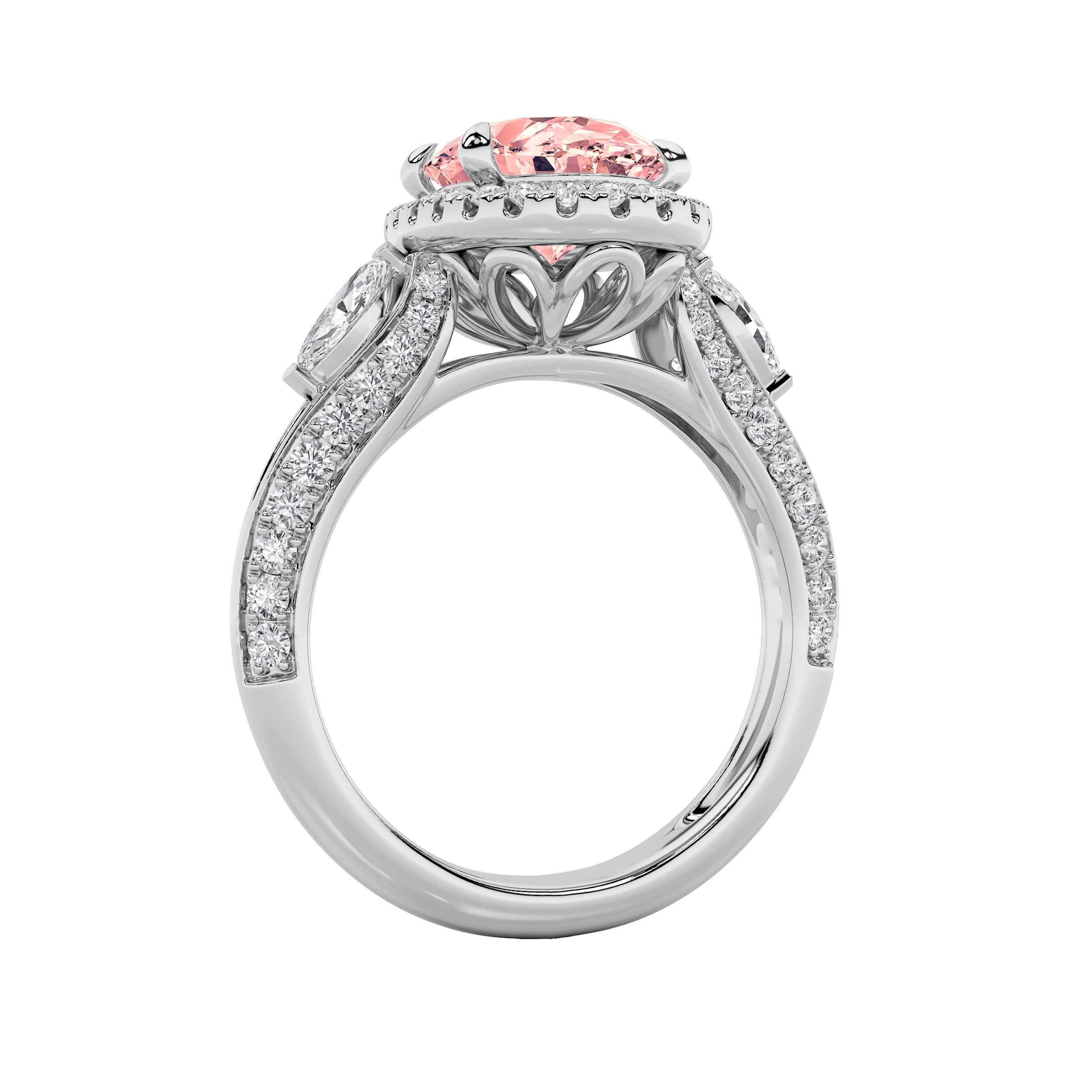 3CTW Oval Shaped Lab Grown Diamond (F/VS) Three Stone Halo Enagement Ring in 14K Gold