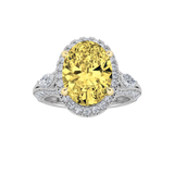 3CTW Oval Shaped Lab Grown Diamond (F/VS) Three Stone Halo Enagement Ring in 14K Gold