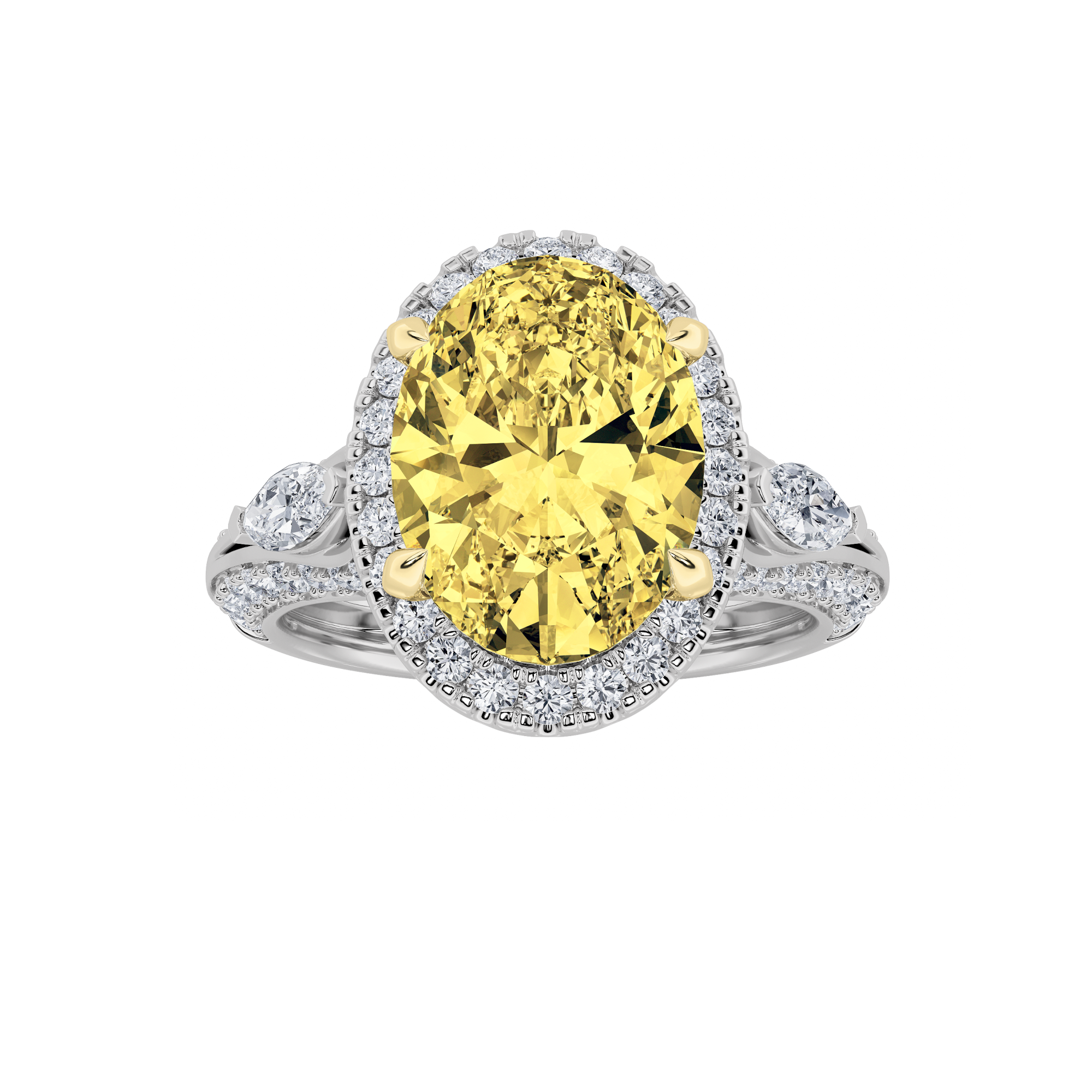 3CTW Oval Shaped Lab Grown Diamond (F/VS) Three Stone Halo Enagement Ring in 14K Gold