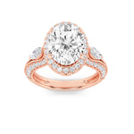 3CTW Oval Shaped Lab Grown Diamond (F/VS) Three Stone Halo Enagement Ring in 14K Gold