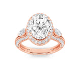 3CTW Oval Shaped Lab Grown Diamond (F/VS) Three Stone Halo Enagement Ring in 14K Gold