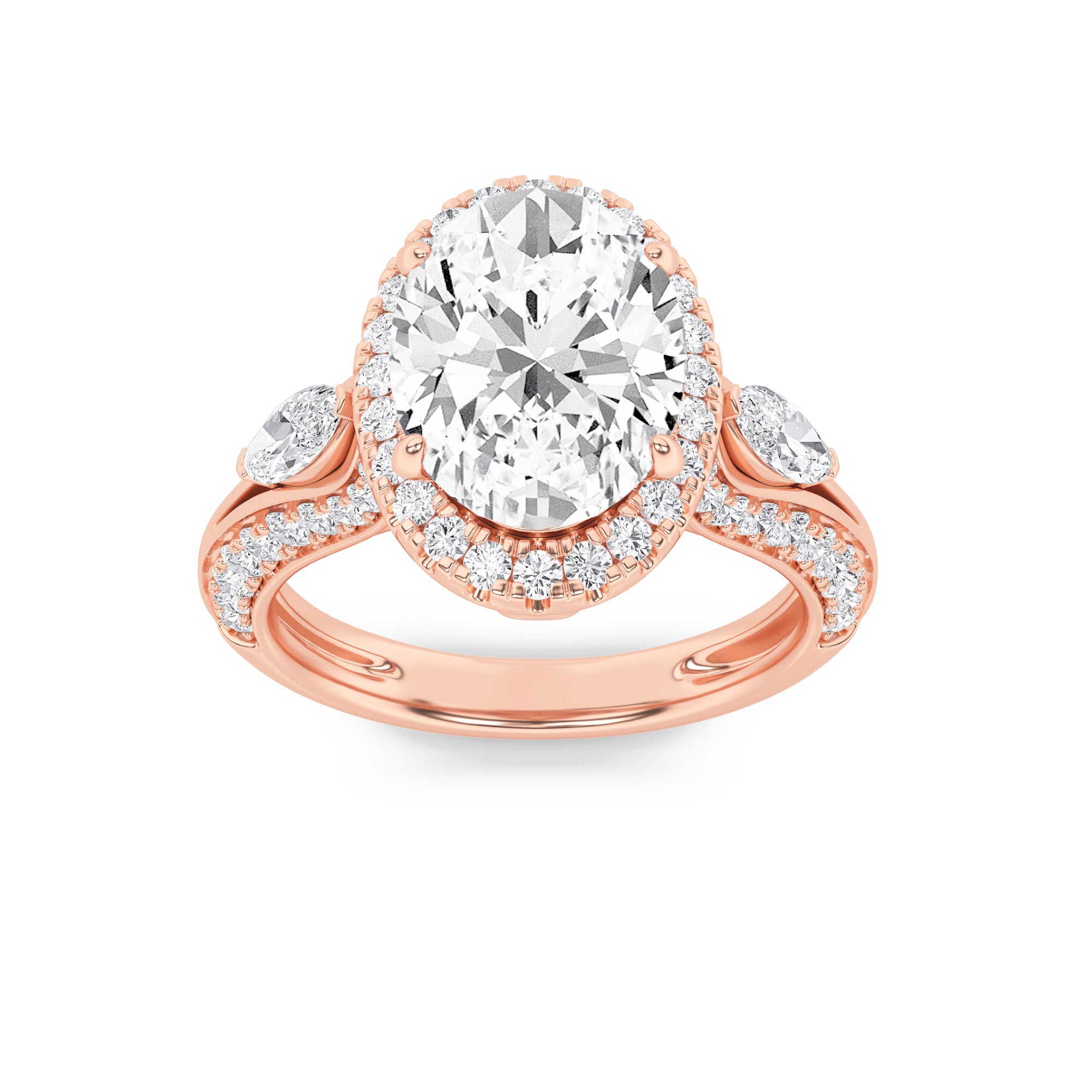3CTW Oval Shaped Lab Grown Diamond (F/VS) Three Stone Halo Enagement Ring in 14K Gold