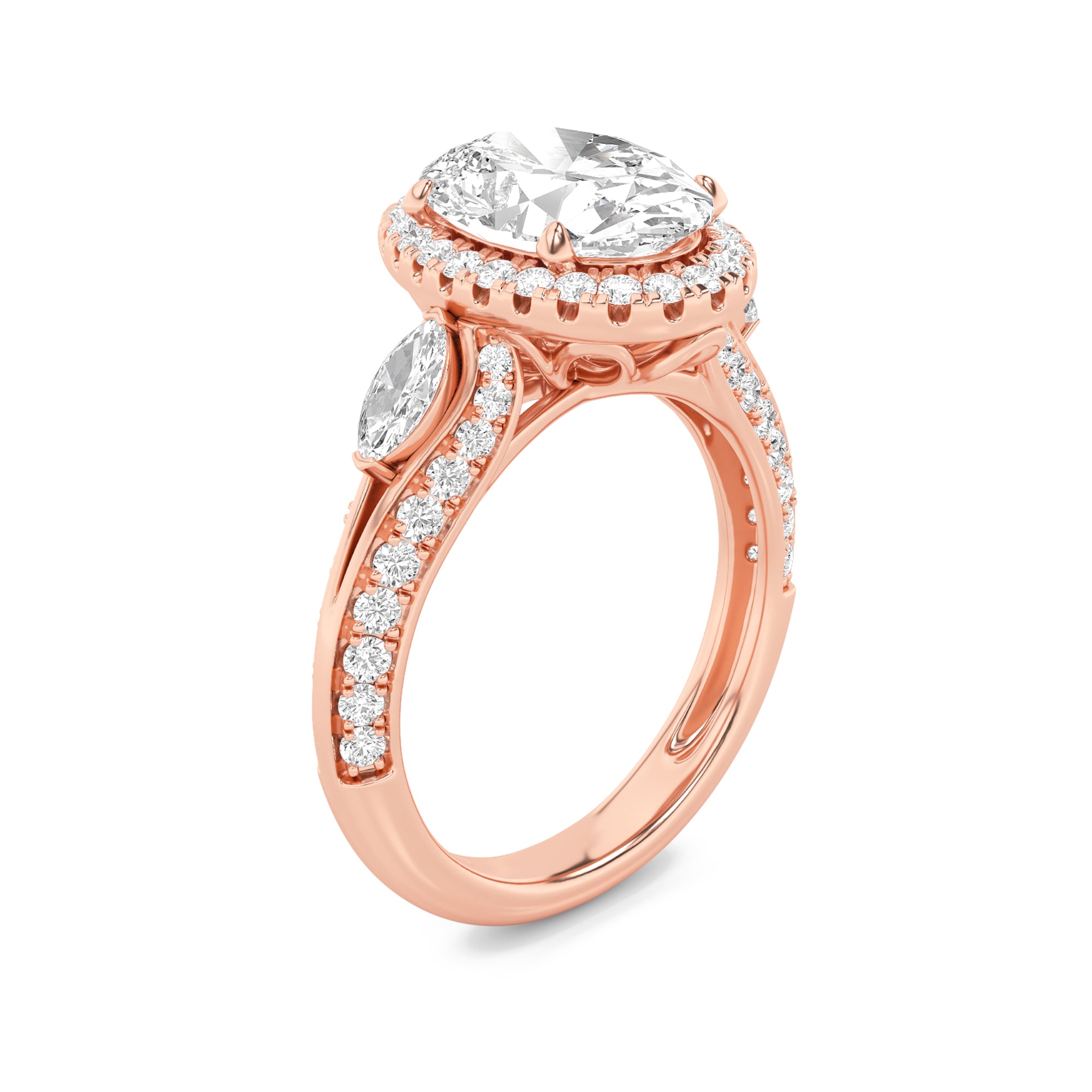 3CTW Oval Shaped Lab Grown Diamond (F/VS) Three Stone Halo Enagement Ring in 14K Gold